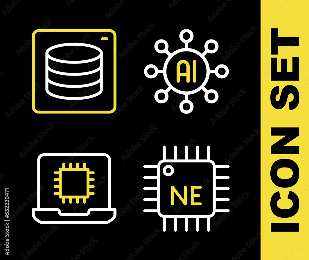 Poster set line neural network, processor cpu, and server, data icon. vector