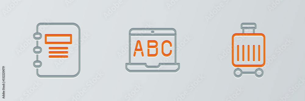 Poster set line suitcase, notebook and foreign language online study icon. vector