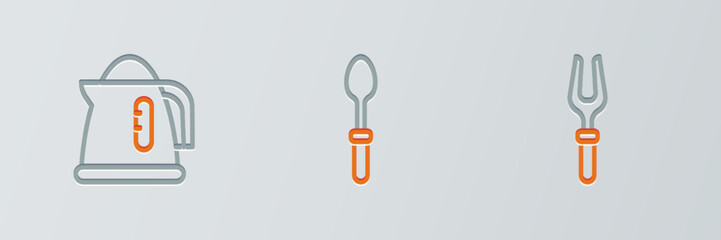 Set line Barbecue fork, Electric kettle and Teaspoon icon. Vector