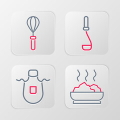 Set line Bowl of hot soup, Kitchen apron, ladle and whisk icon. Vector