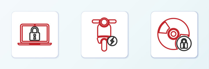 Set line CD or DVD disk with lock, Laptop and and Electric scooter icon. Vector