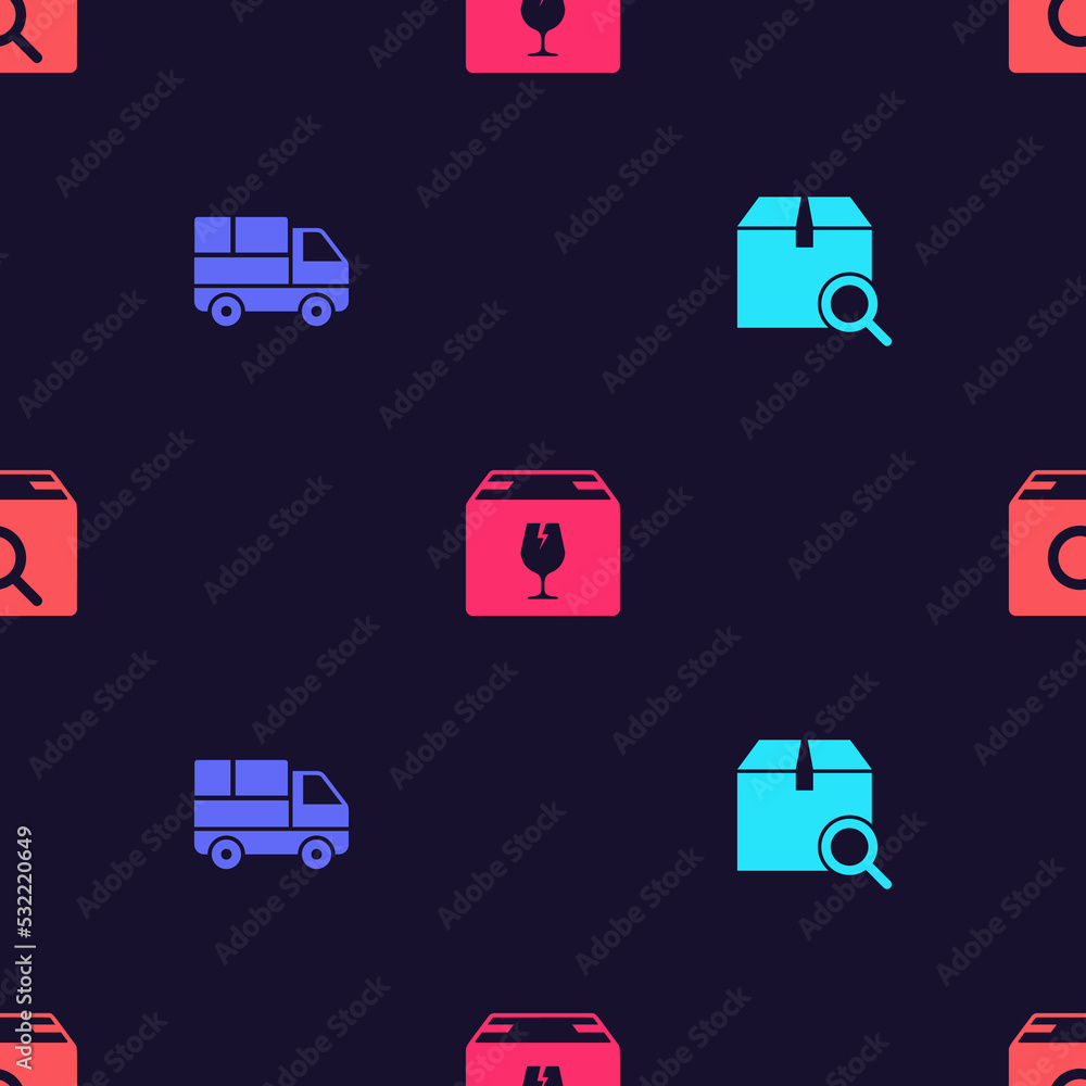 Poster set search package, delivery truck with boxes, fragile content and on seamless pattern. vector