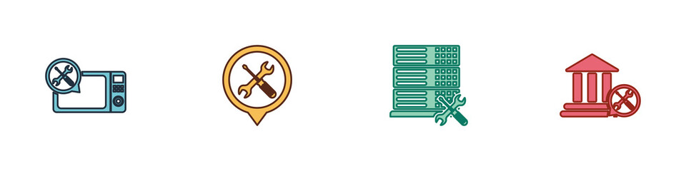 Set Microwave oven service, Location, Database server and Bank building icon. Vector
