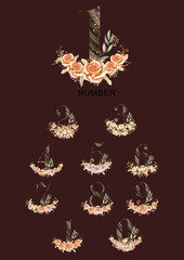 Collection of watercolor brown numbers, decorated with flowers of beige peach roses and leaves with berries, exotic, boho.Holiday decoration, hand-painted . Monogram initials ideal for wedding .