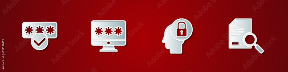 Poster set password protection, monitor with password, human head lock and document search icon. vector