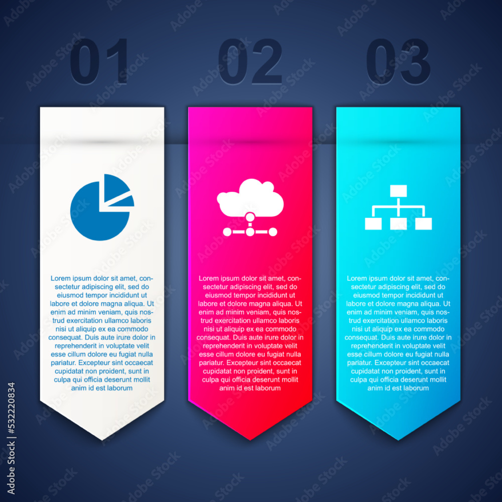 Poster set pie chart infographic, network cloud connection and hierarchy organogram. business infographic t