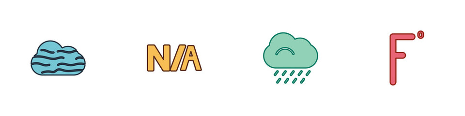 Set Fog and cloud, Not applicable, Cloud with rain and Fahrenheit icon. Vector
