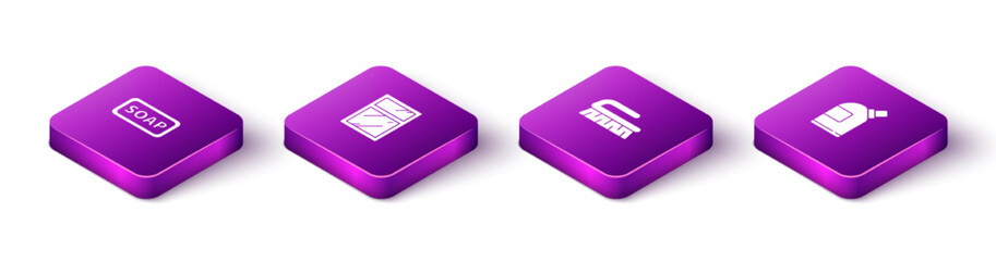 Set Isometric Bar of soap, Cleaning service for windows, Brush cleaning and Bottles agent icon. Vector