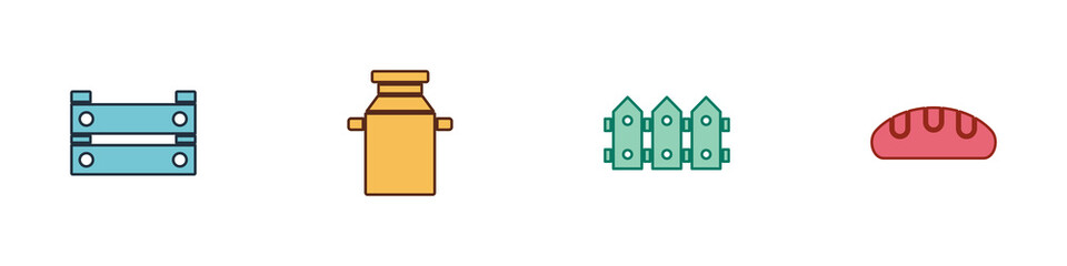 Set Wooden box, Can container for milk, Garden fence wooden and Bread loaf icon. Vector