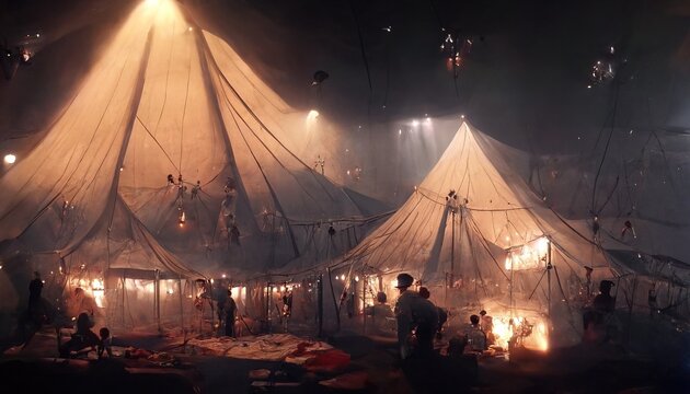 3D rendering of a abandoned circus tent at the land in dark situation