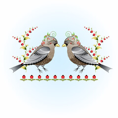 Two decorative sparrows on the background of red berries in folk style