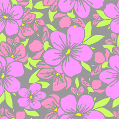 symmetrical seamless pattern of pink flowers on a gray background, texture, design