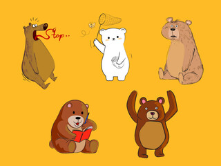 Fototapeta premium Set of cute bears cartoon animal character vector illustration.
