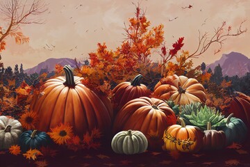 Thanksgiving day. Autumn background of colorful, decorative pumpkins, flowers and berries of mountain ash and succulents. A rich harvest. The concept of the Halloween holiday.2d style, anime style --a