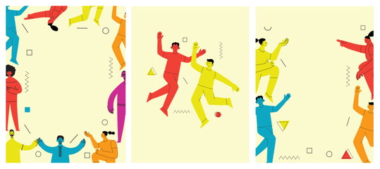 Young men and women with abstract geometric shapes. Team building and teamwork concept. Business partnership, cooperation and communication. Modern flat cartoon style.