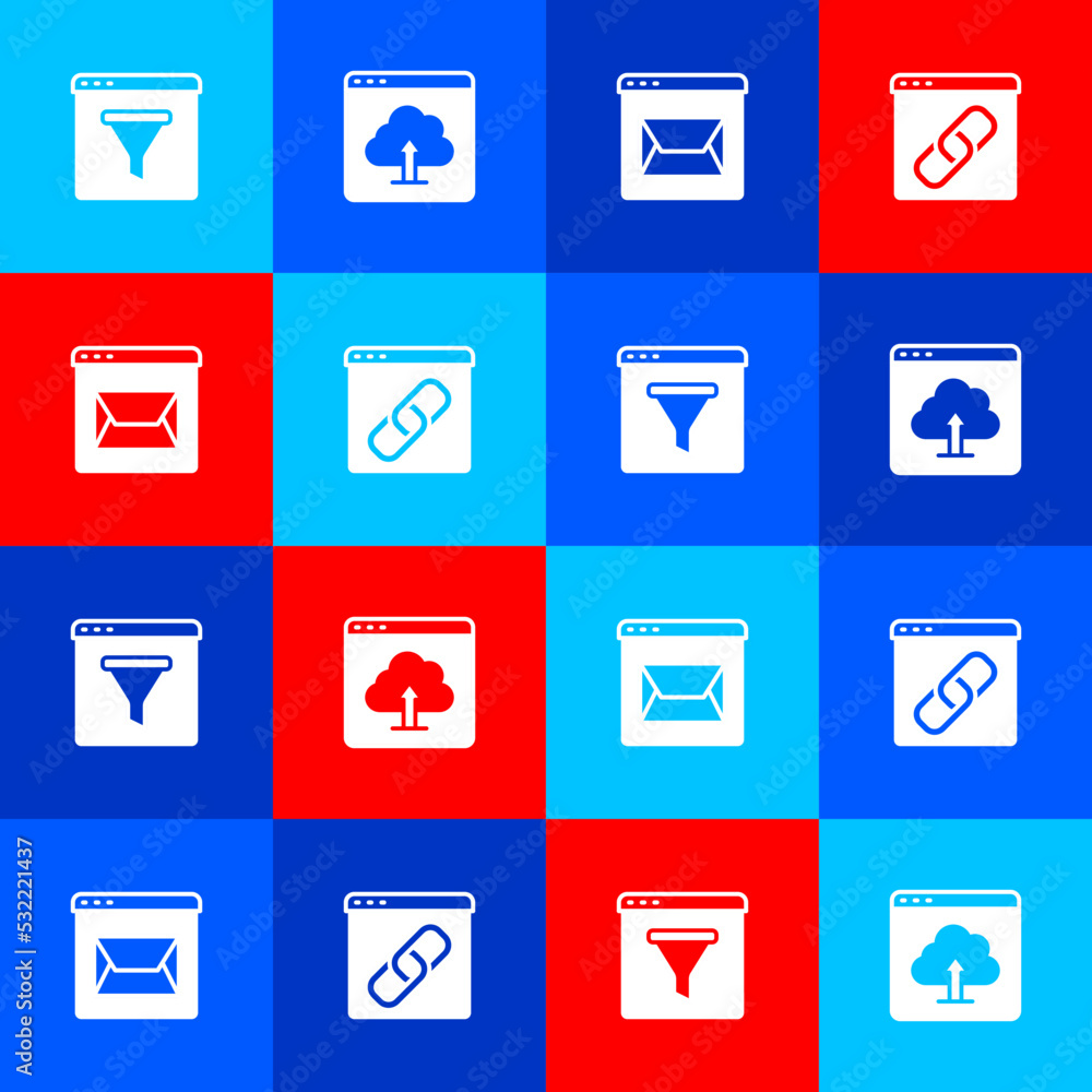 Poster set browser window, cloud upload, website and mail and icon. vector
