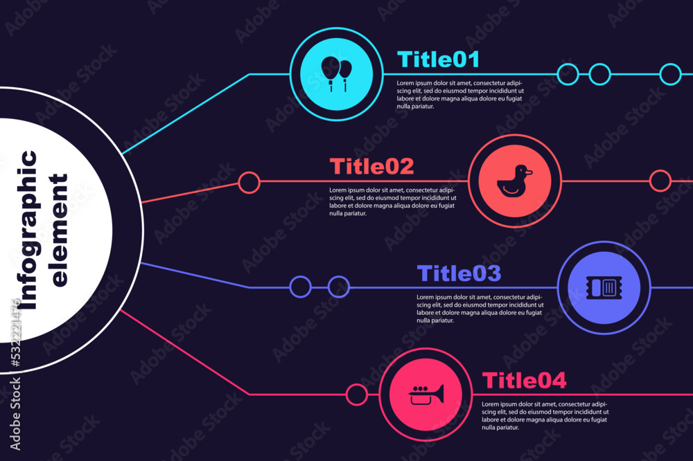 Sticker Set Balloons, Rubber duck, Circus ticket and Trumpet. Business infographic template. Vector