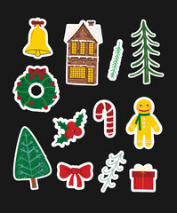 Fototapeta na wymiar Vector set of christmas stickers. Hand drawing winter background with fir tree, Christmas ornaments, stars and snowflakes. Holiday poster with Christmas symbols.