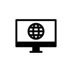 Online desktop icon with monitor and globe in black solid style