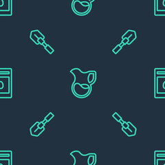 Set line Jug glass with milk, Shovel and Pack full of seeds of plant on seamless pattern. Vector