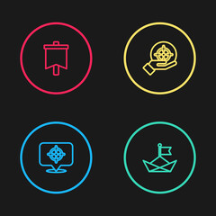 Set line Target, Folded paper boat, and Flag icon. Vector
