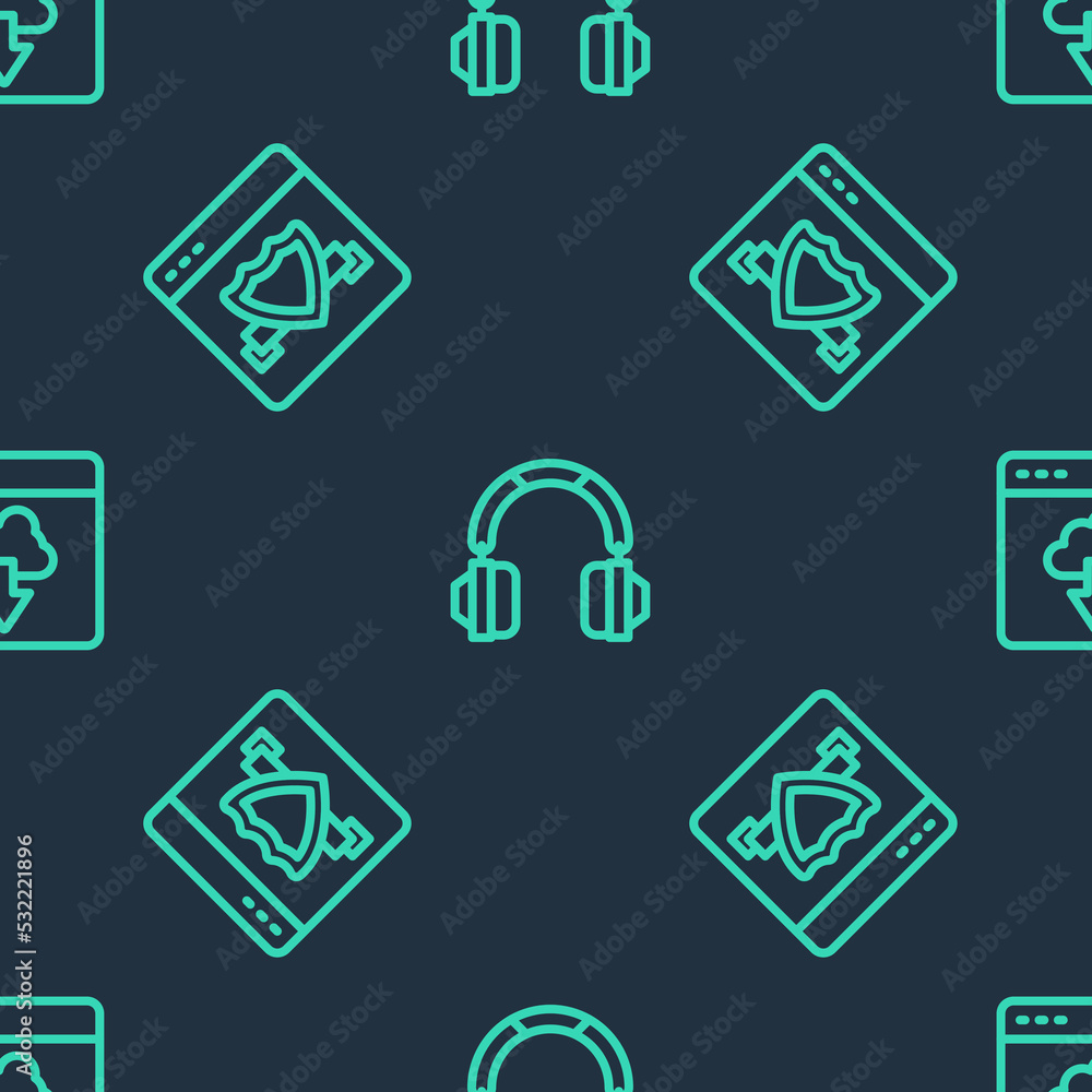 Poster set line headphones, browser with shield and cloud technology data transfer on seamless pattern. vec