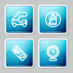 Set line Passenger ladder, No alcohol, Airline ticket and Clock icon. Vector