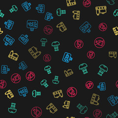 Set line Suitcase, Box flying on parachute, Conveyor belt with suitcase and No alcohol on seamless pattern. Vector