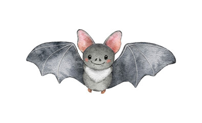 Watercolor halloween cute bat illustration isolated on white background. Animal baby print. Funny cartoon character for fall spooky holiday decoration, invitation, card - obrazy, fototapety, plakaty
