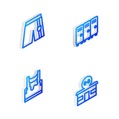 Set Isometric line Locker or changing room, Short pants, Sweaty sleeveless t-shirt and Gym building icon. Vector
