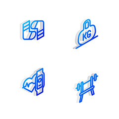 Set Isometric line Weight, Socks, Smart watch with heart and Bench barbell icon. Vector