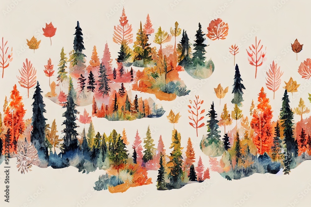 Sticker watercolor forest. cute seamless pattern. wolf in the autumn forest. creative watercolor texture for