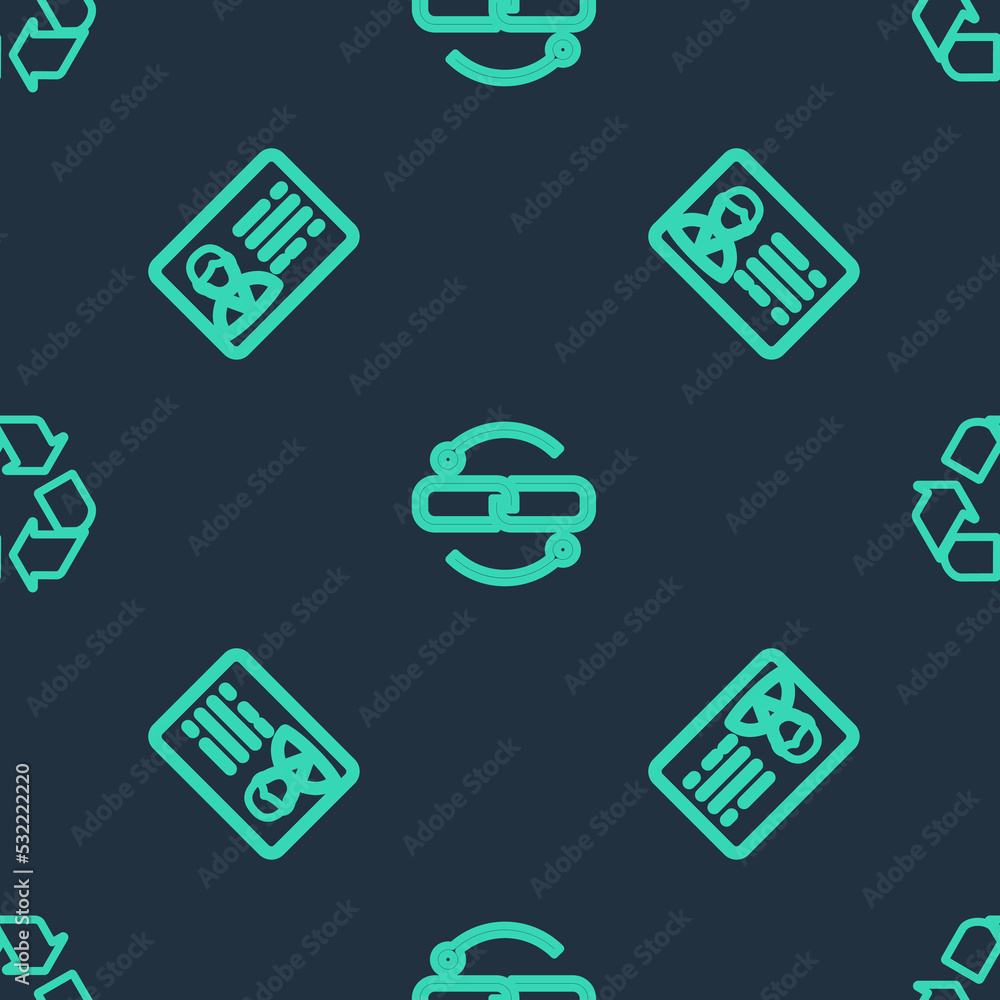 Poster set line chain link line, identification badge and recycle symbol on seamless pattern. vector