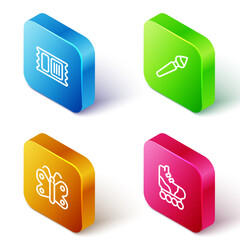 Set Isometric line Circus ticket, Paint brush, Butterfly and Roller skate icon. Vector