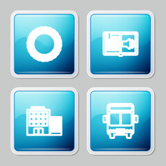 Set line Laurel wreath, Audio book, Hotel building and Bus icon. Vector