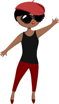 French cartoon girl with dark skin, isolated. 