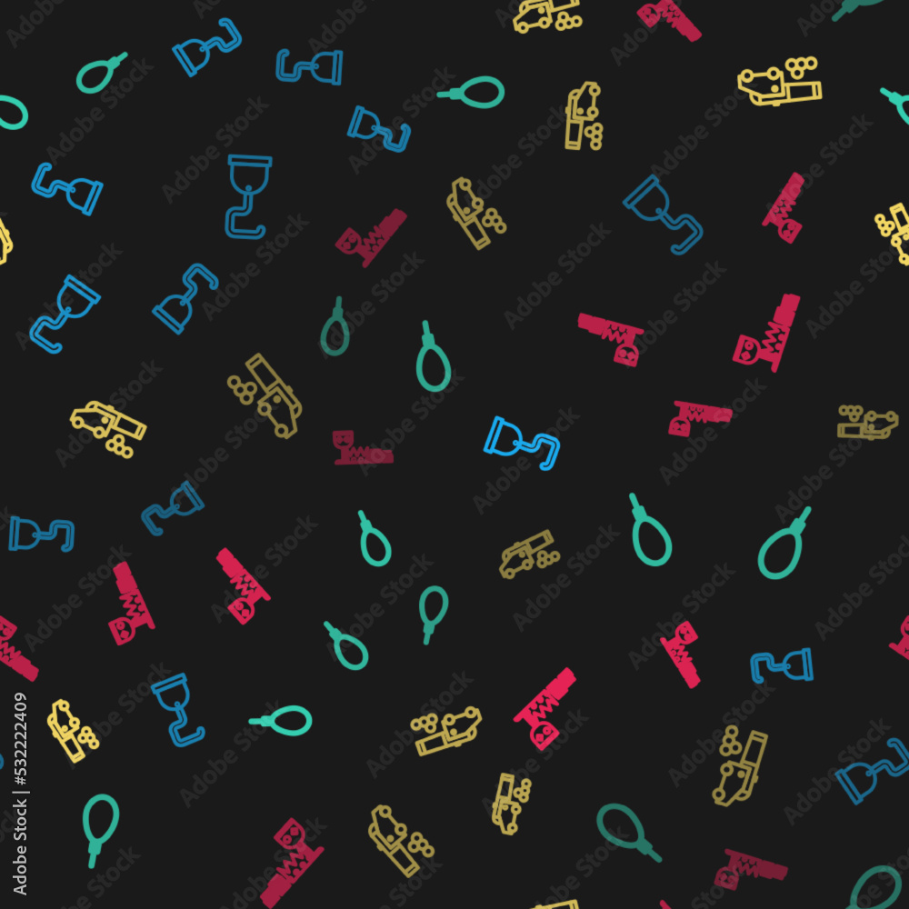 Poster set line pirate hook, gallows rope loop hanging, cannon with cannonballs and treasure and riches on 