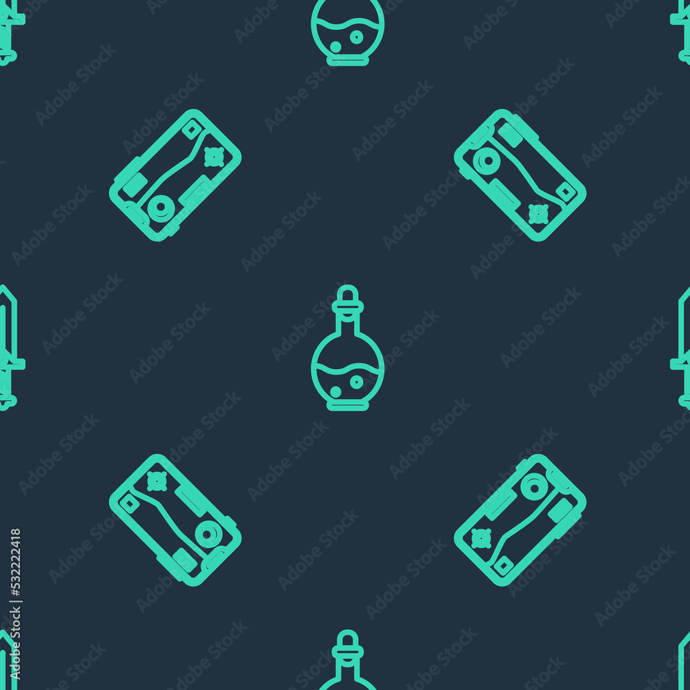 Poster set line bottle with magic elixir, mobile and playing in game and sword for on seamless pattern. vec