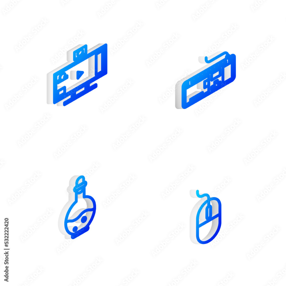 Poster set isometric line computer keyboard, live streaming online, bottle with magic elixir and mouse icon