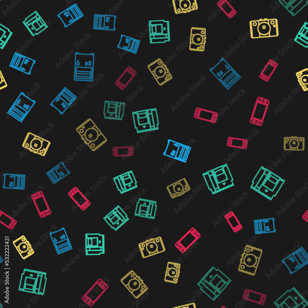 Poster set line computer, cartridge, video game console and portable video on seamless pattern. vector