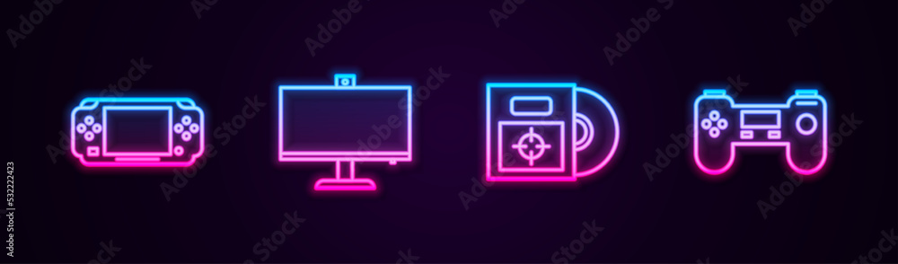 Poster set line portable video game console, computer monitor, cd dvd disk in box and gamepad. glowing neon