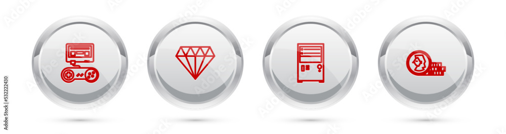 Poster set line game console with joystick, diamond, computer and coin for game. silver circle button. vect