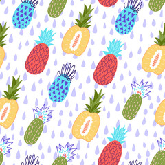 Creative pineapple seamless pattern. Tropical fruit background texture. Summer food pattern.