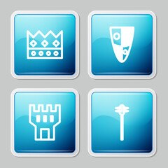 Set line King crown, Shield, Castle tower and Medieval chained mace ball icon. Vector