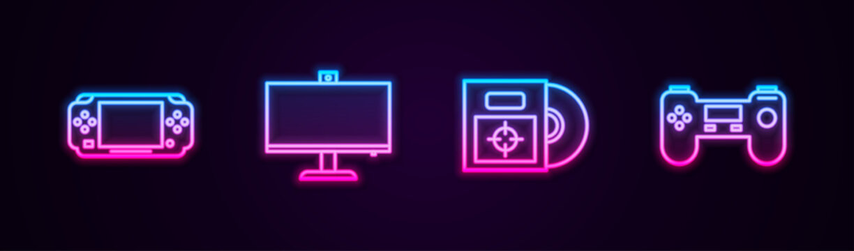 Set line Portable video game console, Computer monitor, CD DVD disk in box and Gamepad. Glowing neon icon. Vector