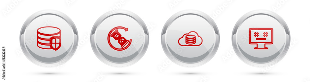 Poster set line database protection, waiting, cloud database and dead monitor. silver circle button. vector