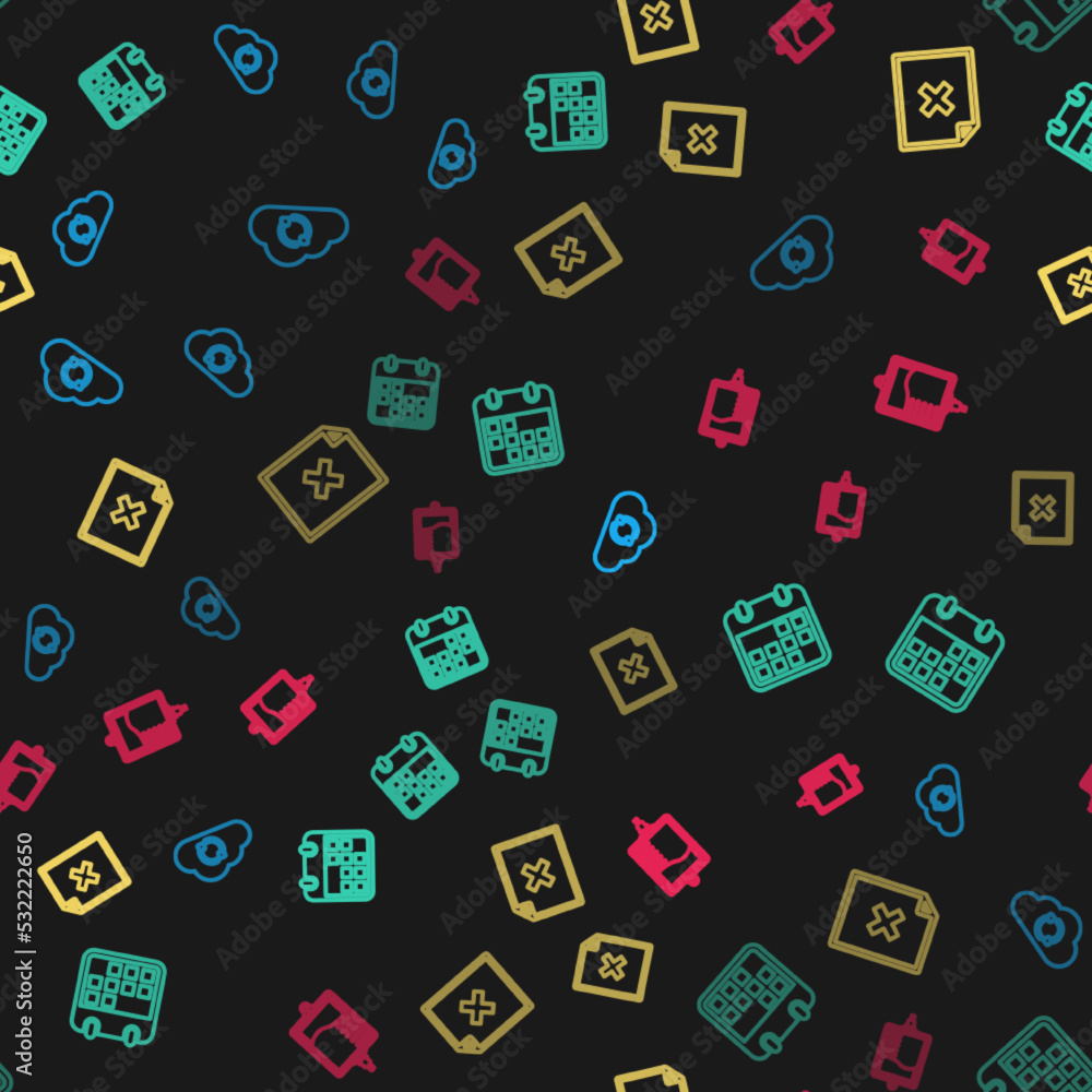 Poster set line cloud sync refresh, calendar, delete file document and iv bag on seamless pattern. vector