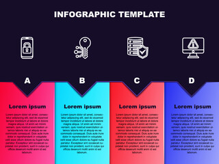 Set line Mobile with closed padlock, Cryptocurrency key, Server shield and Monitor exclamation mark. Business infographic template. Vector