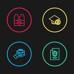 Set line Hand holding briefcase, Contract with shield, Graduation cap coin and Life jacket icon. Vector