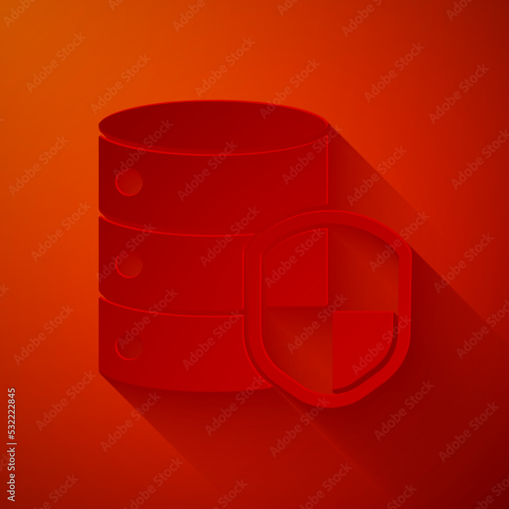 Poster paper cut server with shield icon isolated on red background. protection against attacks. network fi